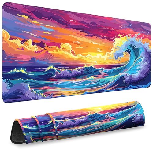 Gaming Desk Mat with Silky Smooth Surface & Exquisite Patterns,31.5x11.8 Inches Large-Sized Mouse Pad, Perfect for Extended Gaming,Work,and Home Office Decor (Japanese Waves 3) - color: Japanese Waves 3