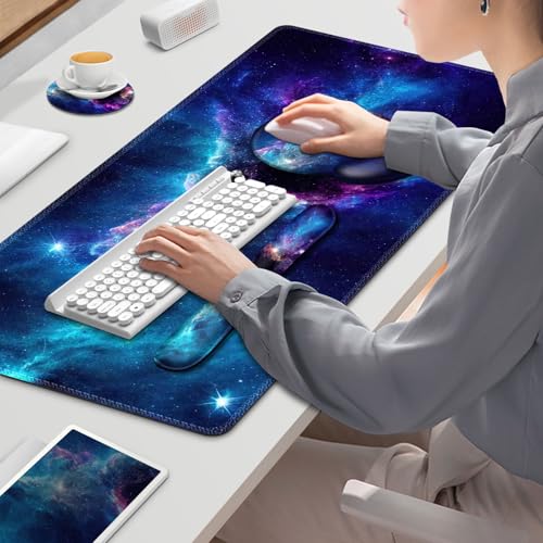 Gaming Mouse Pad, Large Desk Mat, Cute Desk Pad Protector, 4in1 XXL Mousepad + Keyboard Wrist Rest+Mouse Wrist Rest+Coaster Set with Ergonomic Desk Pad for Home Office Table Computer, Galaxy Space - color: Galaxy Space
