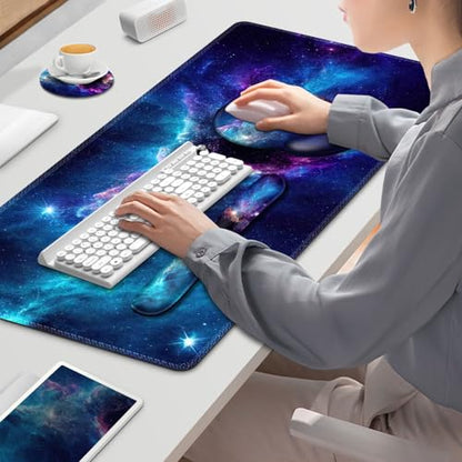 Gaming Mouse Pad, Large Desk Mat, Cute Desk Pad Protector, 4in1 XXL Mousepad + Keyboard Wrist Rest+Mouse Wrist Rest+Coaster Set with Ergonomic Desk Pad for Home Office Table Computer, Galaxy Space - color: Galaxy Space