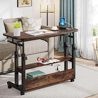 Tribesigns Portable Desk with Power Outlets, Height Adjustable Side Table Sofa Couch Bedside Laptop Computer Cart with USB Charging Ports, Mobile Small Standing Desk with Keyboard Tray - color: Brown