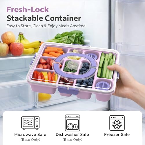 Snackle Box Container for Adults with 10 Compartment, Divided Serving Tray with Lid and Handle and 2 Sauce Containers, Portable Snack Box Container for Charcuterie Party Travel, Purple - color: Purple