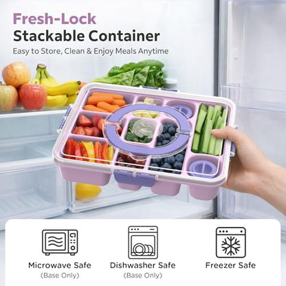 Snackle Box Container for Adults with 10 Compartment, Divided Serving Tray with Lid and Handle and 2 Sauce Containers, Portable Snack Box Container for Charcuterie Party Travel, Purple - color: Purple
