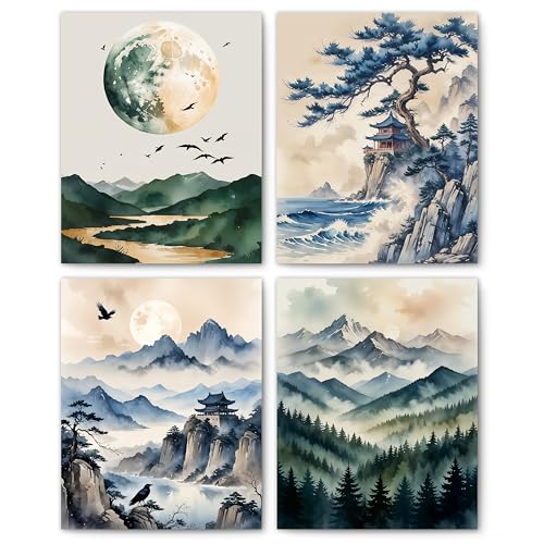 FITIE Green and Blue Chinese Mountain Landscape Wall Art Posters Set of 4, Chinoiserie Architecture Nature Scenery Canvas Prints Artwork Wall Decor for Bedroom Home Office, 8x10 Unframed - color: Color-Nature Landscape 10