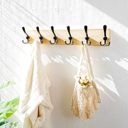 Dseap Coat Rack Wall Mounted - 24" Long 6 Tri Hooks, Heavy Duty Wooden Wall Coat Hanger Coat Hook for Clothes Hat Jacket Clothing, Weathered Light Natural and Black - color: Light Brown & Black, size: L=24"