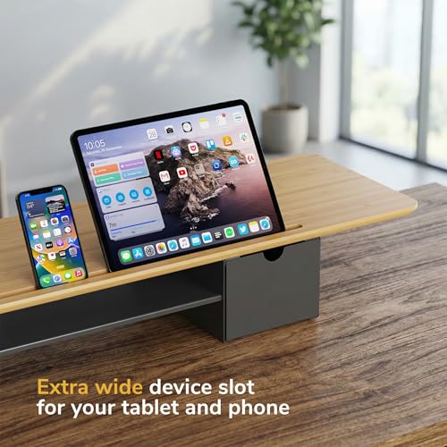 Mount-It! Extra Wide 39" Real Solid Bamboo Dual Monitor Stand Riser, 2 Metal Drawers + Shelf, 66 lbs, Built-In Device Slot, Home Office Desk Organizer
