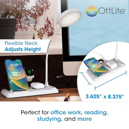 OttLite LED Table Lamp with Wireless Charging, White | Smartwatch Charging Stand | 3 Color Temperature Modes | Flexible Neck | ClearSun LEDs Reduce Eyestrain