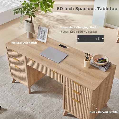 T4TREAM 60'' Fluted Executive Desk with Drawers, Modern Home Office Computer Desk with Charging Station, Keyboard Tray, File Drawer and Storage Cabinet for Study, Living Room, Bedroom, Natural Oak - color: Natural Oak