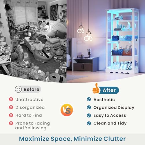 Dystler Display Cabinet with RGB LED Lights & Glass Doors, 5-Tier, White | Human Sensor Lighting, Flexible Storage with Adjustable Shelves, Modern Design Curio Cabinet - color: Pure White