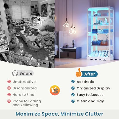 Dystler Display Cabinet with RGB LED Lights & Glass Doors, 5-Tier, White | Human Sensor Lighting, Flexible Storage with Adjustable Shelves, Modern Design Curio Cabinet - color: Pure White