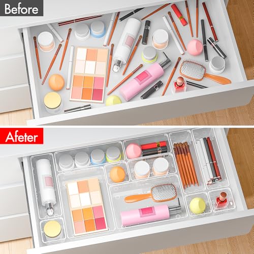 45Pack Makeup Drawer Organizers Set, 4Sizes acrylic desk organizer trays for vanity, bathroom, office, nightstand, junk for kitchen drawer, Versatile plastic drawer divider storage bins - size: S45(3-6-12-24)