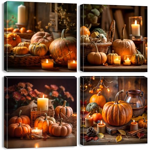 Fall Pumpkin Wall Art Farmhouse Kitchen Decor Rustic Halloween Canvas Prints Pictures for Dining Room Autumn Harvest Themed Paintings Thanksgiving Artwork for Living Room Home Decorations 12x12" 4Pcs - color: Fall Pumpkin, size: 12 x 12 in