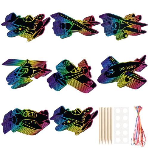 LUUFILx 80 Pcs Airplane Scratch Cards Birthday Party Decorations Colorful Rainbow Scratch Paper Art with Wooden Stylus for Birthday Party Classroom DIY Activities - style: Airplane