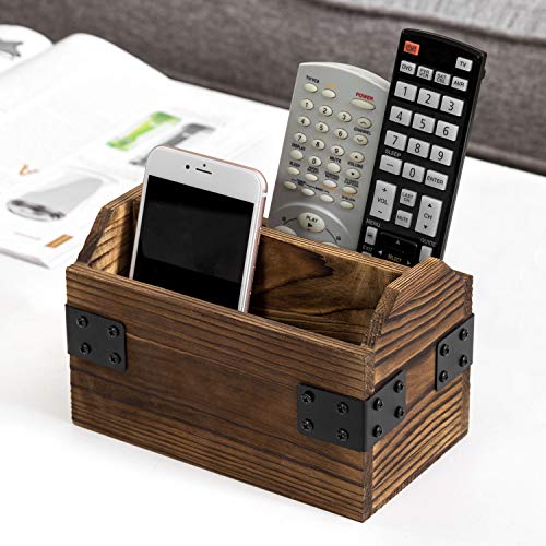 MyGift Wood TV Remote Control Holder, Remote Organizer Storage Caddy for Table with 2 Compartments and Decorative Black Metal Wrap Accents, Rustic Burnt - color: Burnt Wood