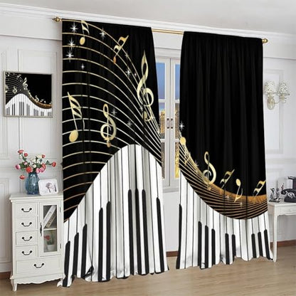 Music Musical Note Curtains, Black White Piano Key Golden Musical Notes Window Drapes for Home Bedroom Living Room 42" W X 45" L(No Blackout) - color: Musical-4, size: 20.5"W x 45"L (Pack of 2)