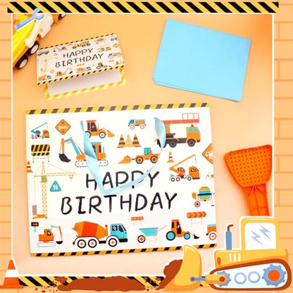 Woohookaka 13" Construction Birthday Gift Bag for Boys, Truck Themed Party Supplies with Tissue Paper & Card, Durable Engineering Vehicles Gift Bag for Kids Birthday Party Favors - color: Truck