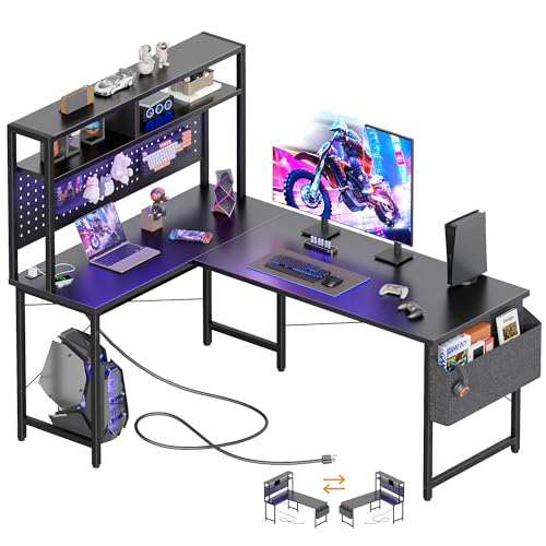 Mericonia 51 inch Large L Shaped Desk with Pegboard Hutch & Shelves, Corner Gaming Desk with Power Outlet, LED Light & Storage Bag, Reversible Computer Desk for Home, Bedroom, Office Workspace, Black - color: Black, size: 50 inch