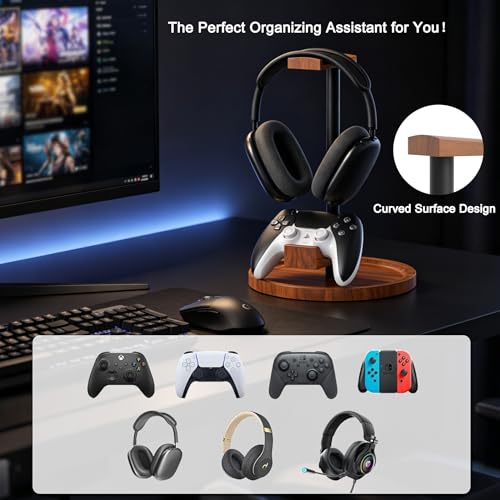 Headset Stand with Gaming Controller Holder,Dual Controller Organizer Rack, Solid Wood Headphone Stand with Storage Base, Gaming Equipment Accessories for Desk