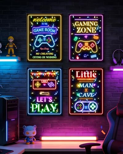 Video Game Decor for Teen Boys Gaming Wall Neon Sign Gamer Room Welcome Little Man Cave Teenage Bedroom Posters Decor Ready to Hang Set of 4, 12x16in (Framed) - size: 16L" x 12W" x 4 Panels