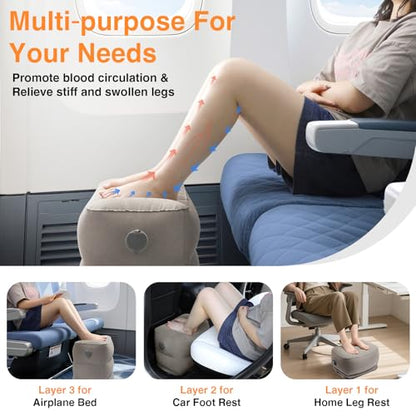 Maliton Inflatable Foot Rest Pillow for Travel,Kids Airplane Bed,Adjustable 3 Layers Height Leg Pillow of Air Travel Essentials,Car, Office, Home - Fast Inflation (Grey) - color: Grey