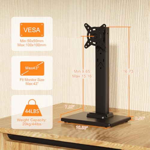 Suptek Single LCD Computer Monitor Free-Standing Desk Stand Mount Riser for 13 Inch to 43 Inch Screen with Swivel, Height Adjustable, Rotation, 50, 75, 100mm VESA Base Stand, Black - size: 13-43in(single)
