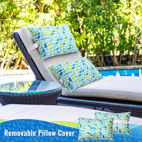 Juexica 2 Pack Chaise Lounge Pillow with Strap Outdoor Waterproof Beach Chair Neck Headrest Pillow Adjustable Elastic Band for Hammock Lumbar Recliner Pillows for Patio Pool Chair(Blue Green Pattern) - style: Blue Green Pattern