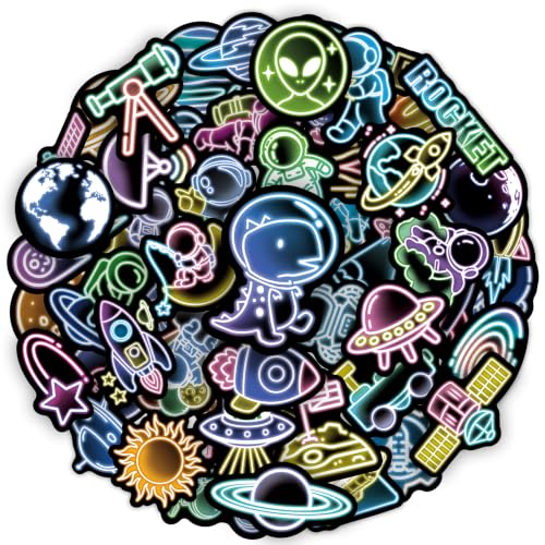 50 Pcs Neon Space Planet Water Bottle Stickers | Cartoon Astronaut, Laptop Decals, Waterproof Vinyl, Phone Case Luggage Scrapbook Guitar DIY Decor - color: Non-luminescent-475kscp