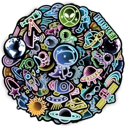 50 Pcs Neon Space Planet Water Bottle Stickers | Cartoon Astronaut, Laptop Decals, Waterproof Vinyl, Phone Case Luggage Scrapbook Guitar DIY Decor - color: Non-luminescent-475kscp