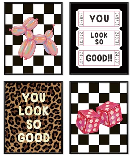Locomiss Black and White Checkered Leopard Wall Art Posters, Retro Trendy Wall Decor, Vintage Plaid Balloon Dog Dice Leopard Posters for Girls College Dorm Bedroom Decor, Set of 4(8x10 Unframed) - color: black