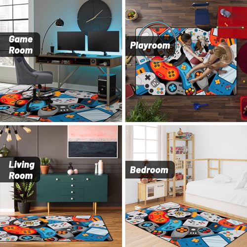 Game Area Rug Teen Boys Carpet, 3D Gaming Rugs Gamepad Controller Mat for Boys Girls Bedroom Playroom, Non-Slip Gamer Rugs Children Gaming Area Rugs (79" x 59", Blue) - color: Blue, size: 4'11" x 6'7" (Rectangular)