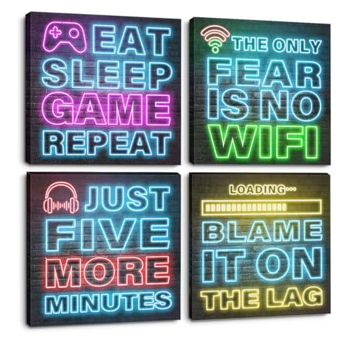 4 PCs Neon Video Gaming Posters Canvas Wall Art Framed Art Teen Boy Room Decor Game Room Decor Painting Modern Wall Decor Canvas Prints for Gamer Room Boys Room Bedroom Bar Home Decor - color: Multi 1281