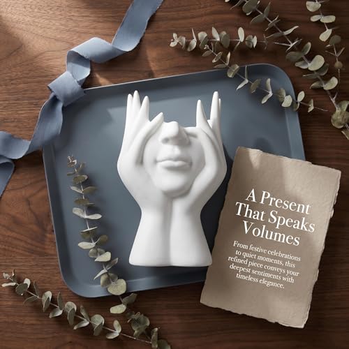 Face-Holding Creative Pen Holder Art Decor Ornament, suitable for desk/vanity tabletop brush storage, home/office/bookshelf room decoration, with artificial flower base and gift-giving.