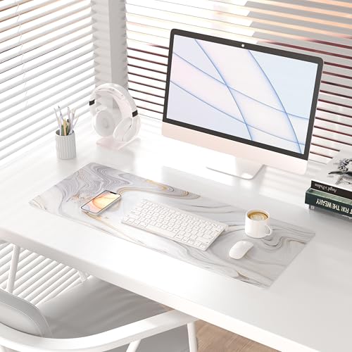 QiyI White Mouse Pad, Cute Marble Large Desk Mat, PU Leather Desk Protector Mousepad, Gold Grey Striped Waterproof Computer Keyboard Gaming Mouse Pads, Non Slip Extended Writing Pad 31.5" x 11.8" - color: Luxury Marble Ink, size: 31.5" x 11.8"