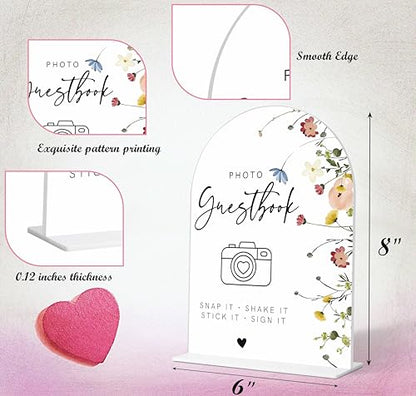 Photo Guest Book Sign, Wedding Guest Book Alternative, Flower Style Bridal Shower Signs for Engagement, Bridal Shower and Reception, Wedding Shower Favors, 6X8 Inch Acrylic Arch Sign with Stand,38 - color: Photo Guest,38