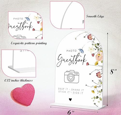 Photo Guest Book Sign, Wedding Guest Book Alternative, Flower Style Bridal Shower Signs for Engagement, Bridal Shower and Reception, Wedding Shower Favors, 6X8 Inch Acrylic Arch Sign with Stand,38 - color: Photo Guest,38