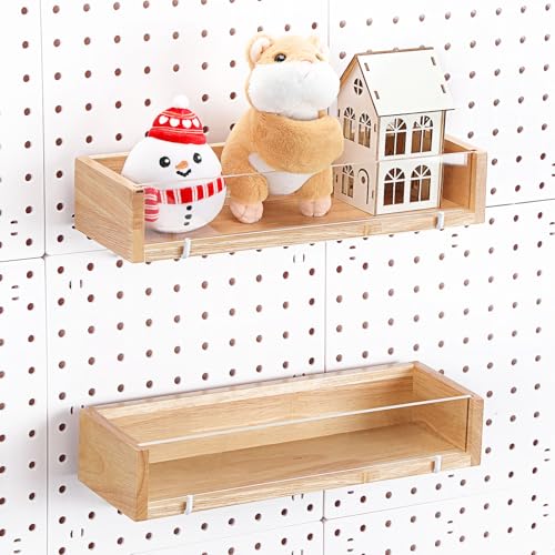 Marsui 2 Pcs Wooden Pegboard Shelf with Acrylic 12.2 x 3.94 Inch Wood Display Shelves Brackets with Metal Hooks Heavy Duty Pegboard Accessories for Storage and Organization - color: Wood