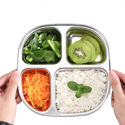 Set of 2 Stainless Steel Dinner Plates 4 Sections Divided Platter Dinner Tray - Lightweight Metal Plate for Adults and Campers, Portion Control Bariatric Weight Loss and Diabetic Diet Plates - size: F4C (4 Sections)