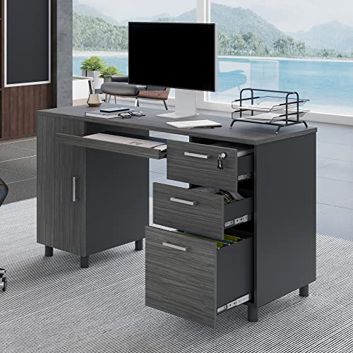 Modern Design Venice Computer Desk with Lockable Drawers, 53 Inch Home Office Desk with Storage Cabinet, Keyboard Tray & Cable Management, Modern Study Writing Desk for Small Spaces, Black and Grey - color: Black Grey