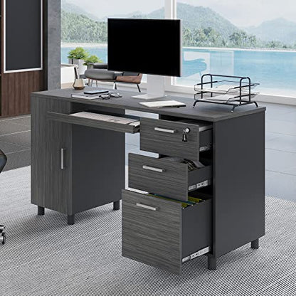 Modern Design Venice Computer Desk with Lockable Drawers, 53 Inch Home Office Desk with Storage Cabinet, Keyboard Tray & Cable Management, Modern Study Writing Desk for Small Spaces, Black and Grey - color: Black Grey