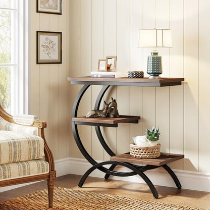 Tribesigns C-Shaped End Table, 3-Tier Industrial Sofa Side Table with Curved Metal Frame for Living Room, Bedroom, Couch, Small Space, Rustic Brown - color: Rustic Brown