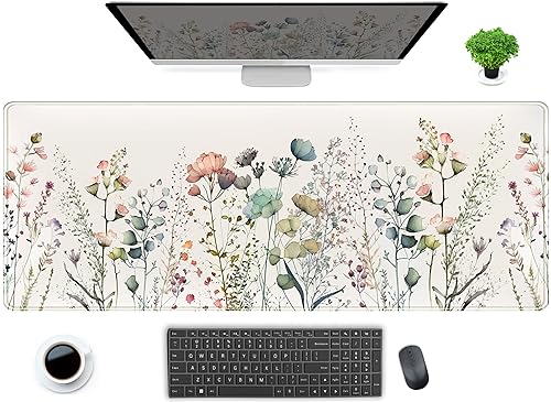 Cute Wild Flower Desk Mat, Boho Aesthetic XL Large Extended Gaming Mouse Pad Desk Pad with Stitched Edges 31.5x11.8 in, Computer Laptop Mousepad Keyboard and Mouse Mat for Women Office Desk Decor - color: Beige Wild Flower, size: 31.5" x 11.8"