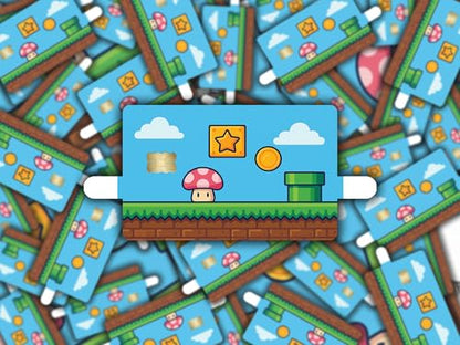 Retro Platformer World – Credit Card Skin Sticker Cover Decal Wrap 2-Pack – Cute Mushroom, Coin & Star Block Design