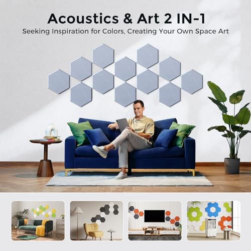 Self-Adhesive Acoustic Panels [390 lbs/yd³ Ultra-High Density], 2nd Generation Sound Absorbing Panel, Professional Level Sound Panel, Polyester Soundproof Foam [Medium Hexagon, Cloud Grey] - color: Cloud Grey, size: Medium Hexagon (12''x10''x0.4'')