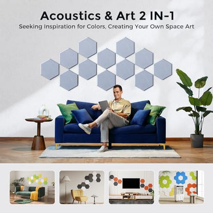 Self-Adhesive Acoustic Panels [390 lbs/yd³ Ultra-High Density], 2nd Generation Sound Absorbing Panel, Professional Level Sound Panel, Polyester Soundproof Foam [Medium Hexagon, Cloud Grey] - color: Cloud Grey, size: Medium Hexagon (12''x10''x0.4'')