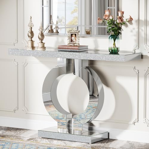 Tribesigns 43" Silver Entryway Table with O-Shaped Base, Modern Rectangle Mirrored Sofa Console Table for Living Room, Hallway, Entrance (Silver) - color: Silver