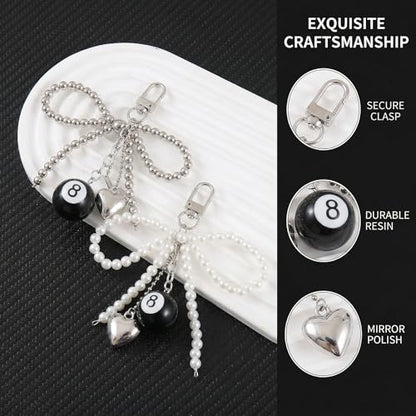 Novelty Poker and Billiards Keychain Keychains - Dice Pearl Bow Charm, Accessory for Backpacks, Purses, and Car Keys - color: Eight Ball Bow Keychains
