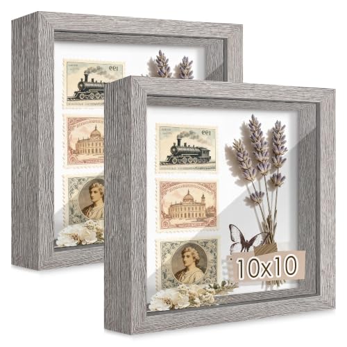 Picrit 10x10 Shadow Box Frame Set of 2, Display Case Box with High Definition Real Glass and Black Back for Memorabilia, Baby Items, Wedding Memories, Crafts, Tickets and Photos, Gray - color: Grey, size: 10x10-2P