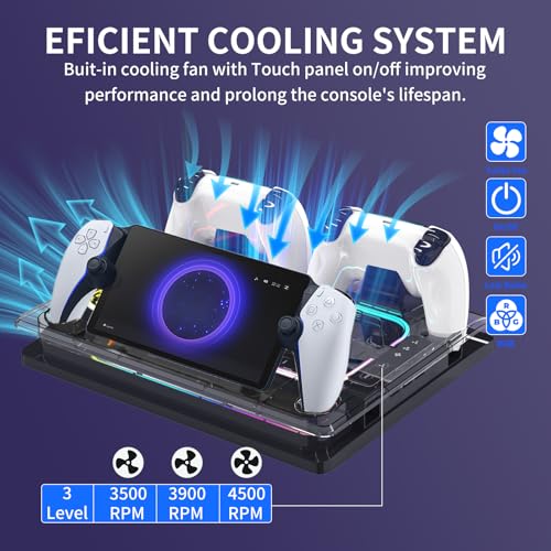 Cooling Station And Console Stand for Ps5/Ps5 Slim/Ps5 Pro,Dual Controller Charging Dock with Rgb for Playstation 5,with PS Portal Charger,Headset & Holder Charging Ports - color: Black