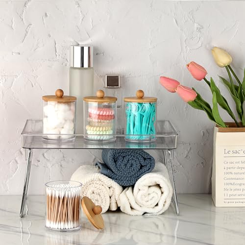BTSKY 4 Pack PaperClip Holders with Bamboo Lid, Round Binder Holder for Desk, Clear Paper Clip Dispenser Small Office Supply Accessory Organizer Qtip Holder for Office Bathroom Vanity, Clear