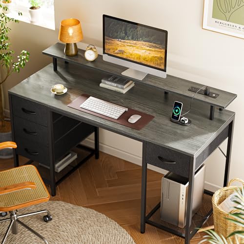 Huuger 55 inch Computer Desk with 4 Drawers, Gaming Desk with LED Lights & Power Outlets, Home Office Desk with Large Storage Space for Bedroom, Work from Home, Gray - color: Grey, size: 55 Inch