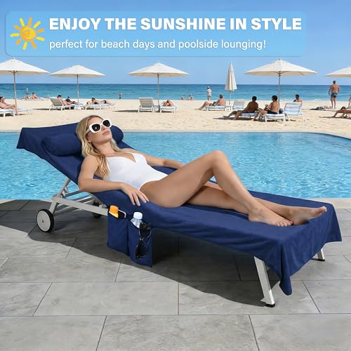 Tirrinia Lounge Chair Towel Cover with Fitted Top Pocket, DIY Pillow Design (Stuff with Clothes or Towels), Beach Chair Cover for Pool Lounge Chairs, Chaise Lounge Towel Cover, Soft & Quick Dry - color: Navy
